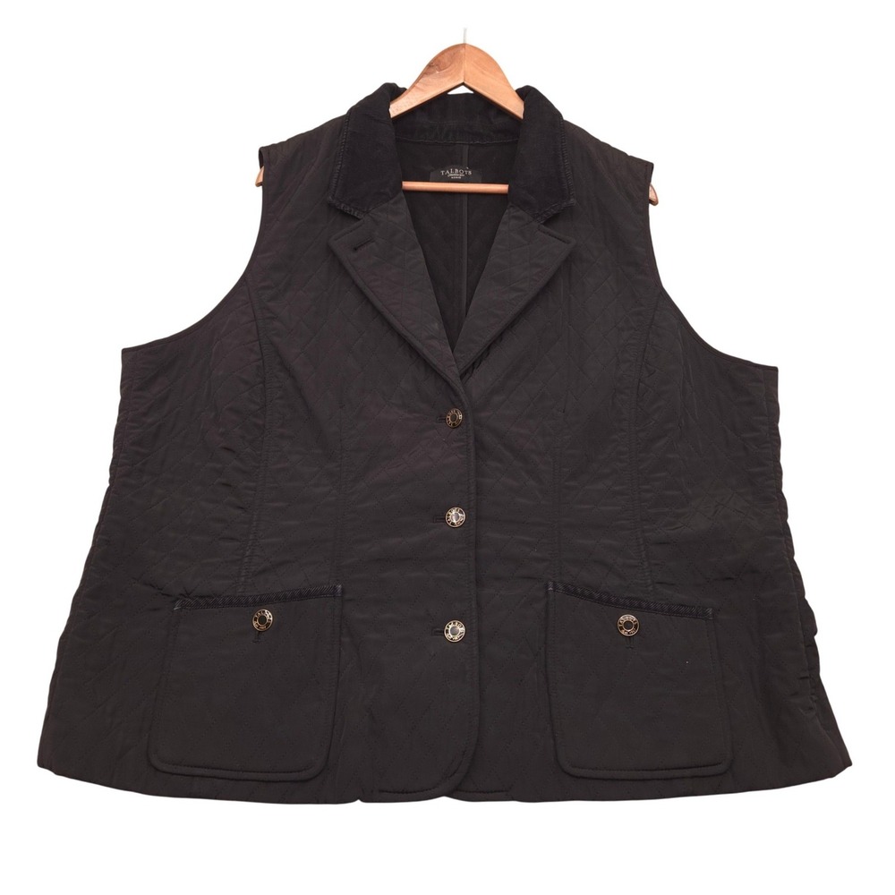 Talbots‎ Black Quilted Vest Corduroy Collar Front Pockets Womens 2X *READ